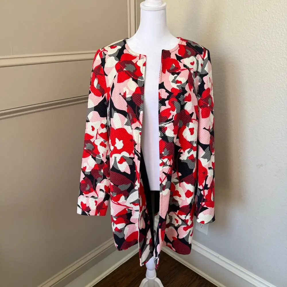 The Limited Women's Pink Red Floral Open Jacket Cotton Pique Size Large